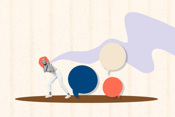 年轻女士的时尚艺术合成3D照片拼贴设计，五彩斑斓的发型，走路时手持阴影，思考心中笔记，气球信息，演讲云朵。图片下载