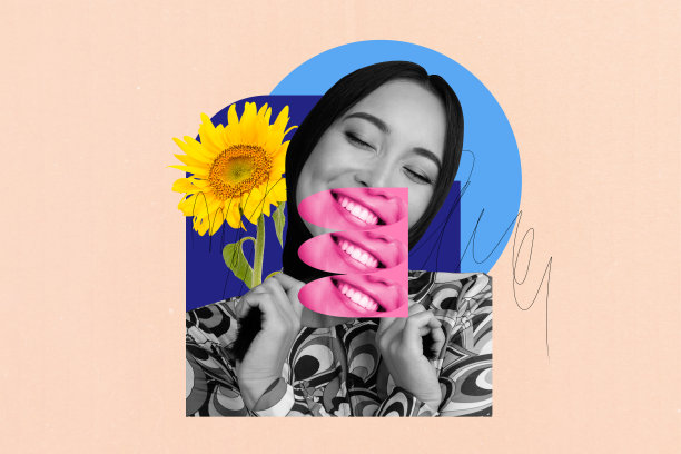 时尚概念的3D照片拼贴艺术作品横幅，创意海报，向日葵，夏天，年轻女士微笑着。图片下载
