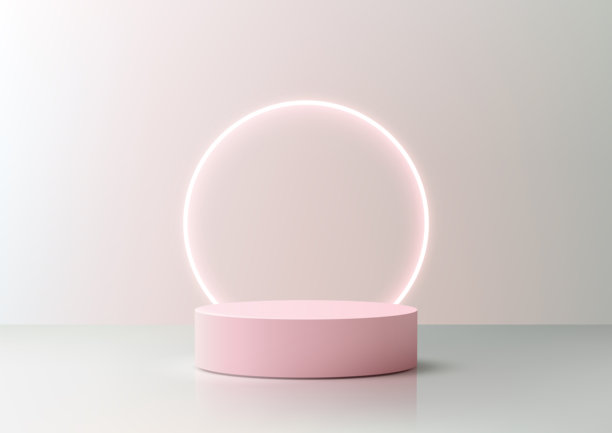 粉色渐变展台，带有发光的霓虹环，用于产品展示模型，简约背景，现代构图，独立的3D渲染，干净的渐变展厅设计图片下载