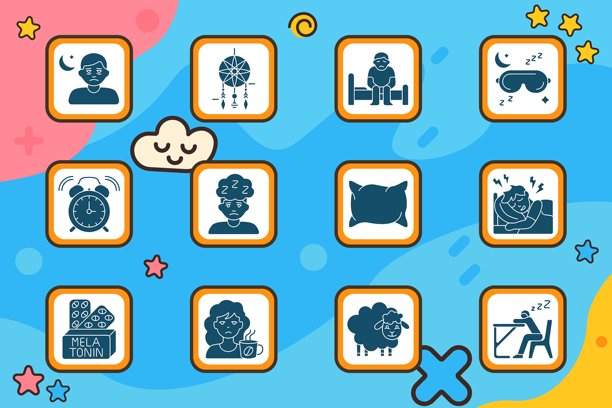 睡眠障碍图标集。疲惫的男人、捕梦网、坐在床上、睡眠面罩、闹钟、困倦的面孔、枕头、睡眠时的疼痛、褪黑激素、无咖啡因、羊、桌上小憩。图片下载