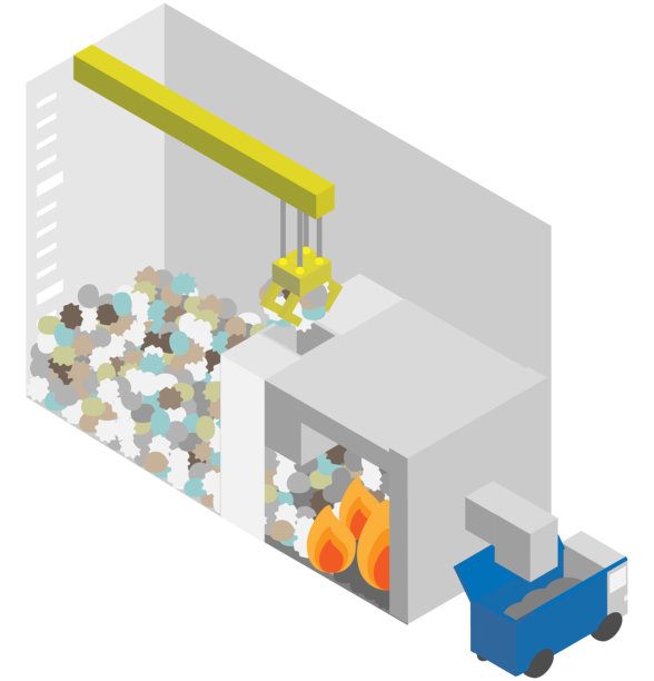 等角垃圾处理设施中垃圾坑的起重机和焚烧设施的图像素材图片下载