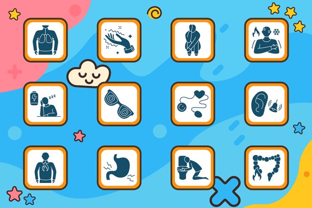 身体症状图标集。肺部疼痛、手部刺痛、不适姿势、冷热失衡、低能量、头晕、螺旋眼镜、心脏检查、耳鸣、喉咙灼烧、胃痛、呕吐图片下载