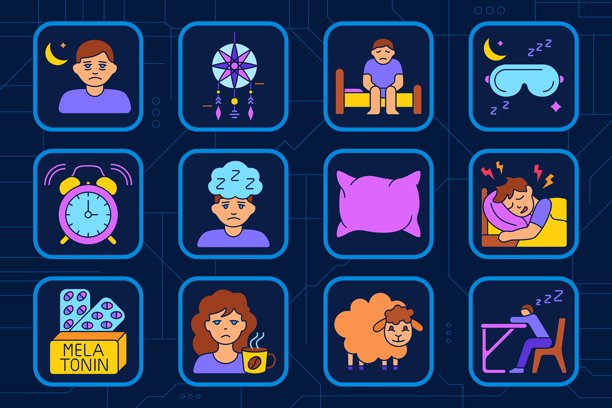 睡眠问题图标。伤心的夜晚面孔，捕梦网，坐在床上，睡眠面罩，闹钟，大脑云，枕头，噩梦，褪黑激素，咖啡，羊，桌上睡觉。图片下载