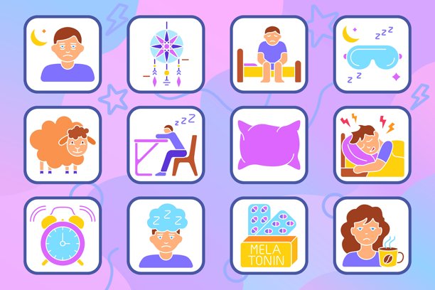 睡眠问题图标。疲惫的面孔，捕梦网，坐在床上，睡眠面罩，羊，桌上睡觉，枕头，床上的头痛，闹钟，困倦的思维，褪黑激素，早晨疲劳。图片下载