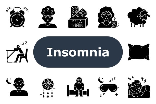 失眠图标。闹钟、失眠者、褪黑激素、伤心脸、羊、枕头、困倦、月亮、捕梦网、坐在床上、睡眠眼罩、睡眠干扰、睡前问题。图片下载