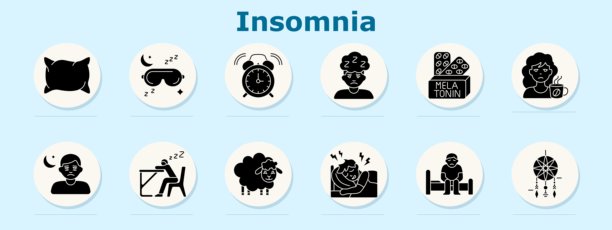 失眠图标集。展示枕头、睡眠面罩、闹钟、困倦的脸、褪黑激素、咖啡杯、带人月亮、桌上睡觉、数羊、不安的睡眠、坐在床上、捕梦网。图片下载