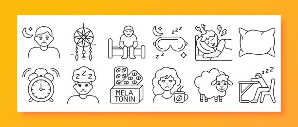 失眠和睡眠困难图标。描绘了一个人和月亮、捕梦网、悲伤的床姿势、睡眠面罩、在床上清醒、闹钟、褪黑激素药丸、喝咖啡的人和羊。图片下载