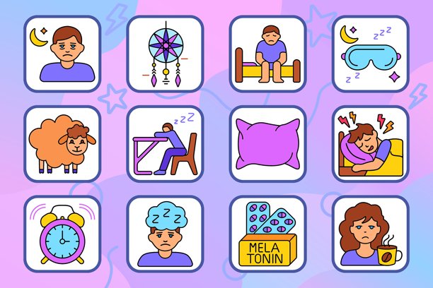 失眠图标集。展示枕头、睡眠面罩、闹钟、困倦的脸、褪黑激素、咖啡杯、带人月亮、桌上睡觉、数羊、不安的睡眠、坐在床上、捕梦网。图片下载