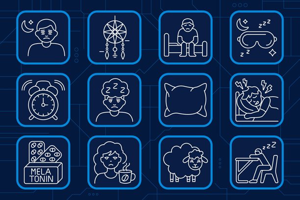 睡眠障碍图标集。失眠、捕梦网、坐在床上的人、睡眠面罩、闹钟、疲劳、枕头、睡眠疼痛、褪黑激素、咖啡因、羊、桌上小睡、睡眠质量差图片下载