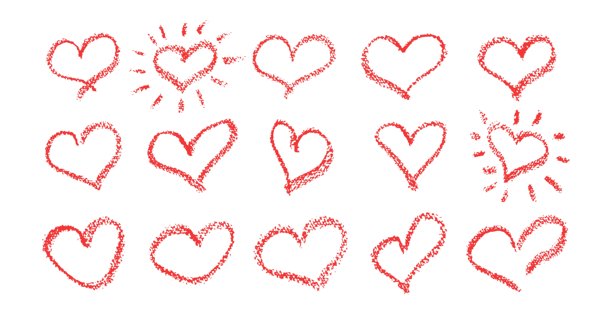 一组用蜡笔绘制的红色心形符号。涂鸦风格的爱心符号。适用于情人节卡片或摇滚、嘻哈音乐海报设计的手绘儿童心形元素合集。矢量插图。图片下载
