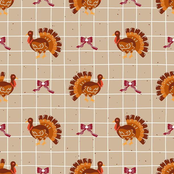 传统感恩节图案的季节性无缝设计。包含南瓜、树叶和火鸡图标，适合节日包装和面料使用。图片下载