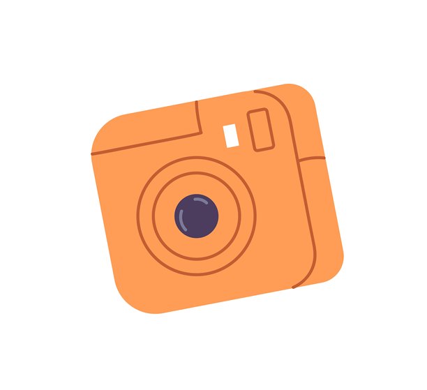 即时照片相机图标。橙色相机用于拍摄留念快照。带镜头的摄影设备。时尚的摄影器材。白色背景上的平面孤立矢量插图。图片下载