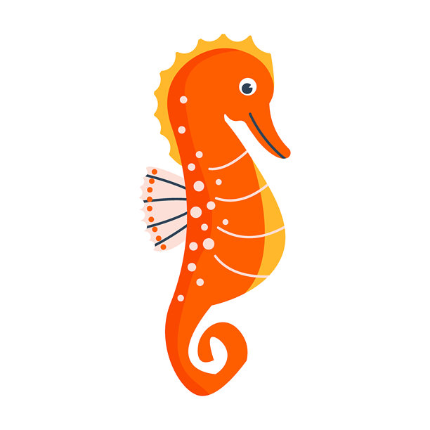 孤立在白色背景上的海马矢量插图。卡通橙色海马。海洋动物，海鱼角色，海底热带野生动物。珊瑚礁动物，带卷尾的小型海洋鱼。图片下载