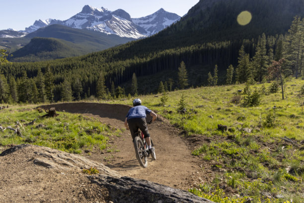 年轻男子在流畅的山地车道上骑行图片下载