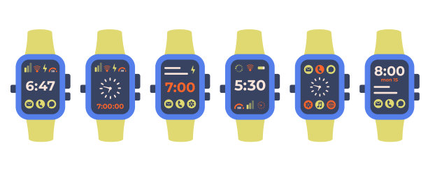 彩色智能手表图标，独立展示。电子设备套装。时尚手表配有彩色表带和方形表盘。智能手表俯视图。带有应用图标的数字手表。矢量图。图片下载