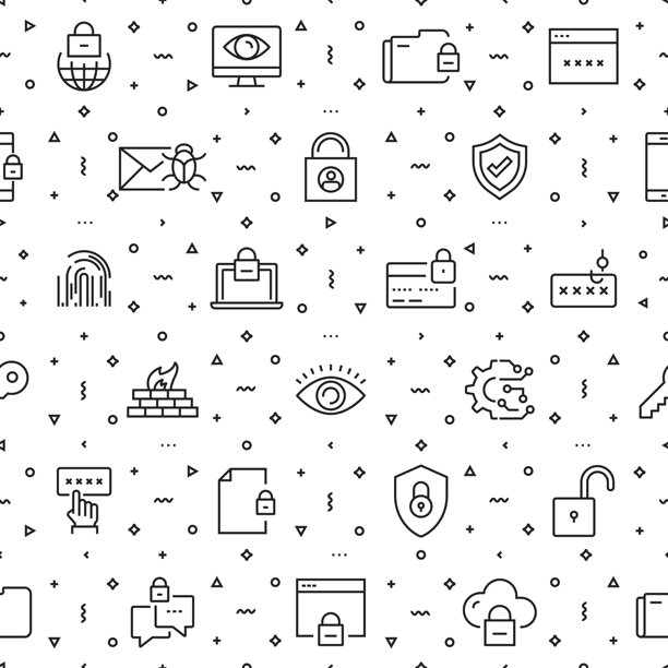 矢量设计模板集和元素为网络安全在流行的线性风格-无缝模式与线性图标有关的网络安全-矢量图片下载