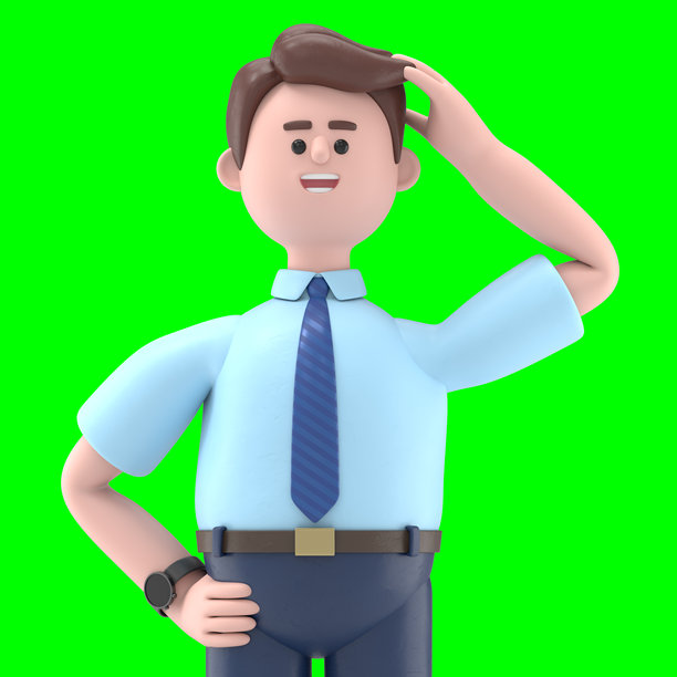 3D插图，亚洲男性Felix，问题，段落和灯泡。绿屏模型。3D渲染在绿屏上，用于视频素材和剪切路径。图片下载