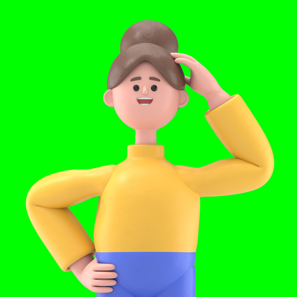 亚洲女性安吉拉的3D插图，问题，段落和灯泡。绿色屏幕模型。3D渲染在绿色屏幕上，用于视频素材和剪切路径。图片下载