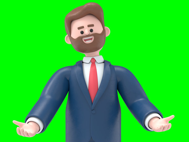 3D插图：留胡子的美国商人鲍勃手持一个板子。绿幕模型。3D渲染在绿幕上用于视频素材和抠图。图片下载