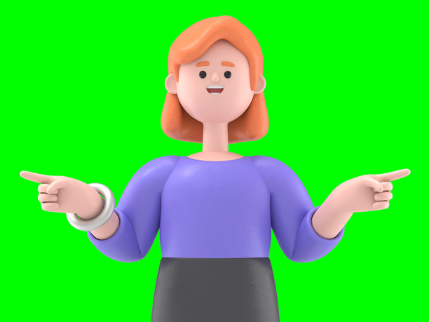 欧洲女商人艾伦的3D插图，她正在指向。绿色屏幕模型。3D渲染在绿色屏幕上，用于视频素材和剪辑路径。图片下载