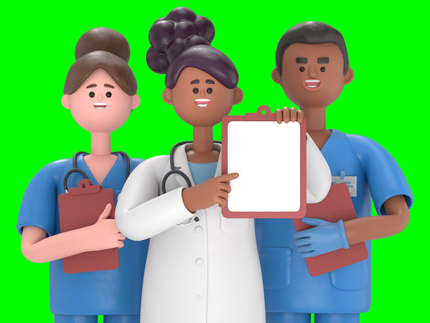 3D渲染，医生手持空白夹板。绿色屏幕模型。用于视频素材和剪辑路径的3D渲染。图片下载