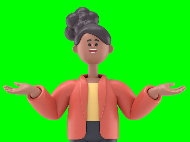 3D插图：非裔美国女性Coco被问号包围。绿色屏幕模型。3D渲染在绿色屏幕上，用于视频素材和抠图。图片下载