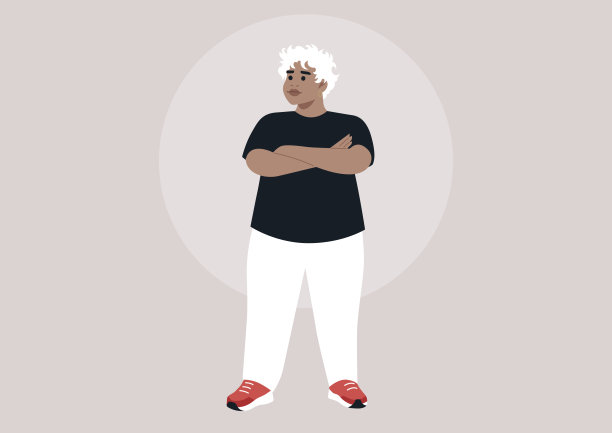 一位自信的大胆大码模特，短发，双臂交叉，穿着强调个性和表现力的现代休闲服，背景简约而时尚。图片下载