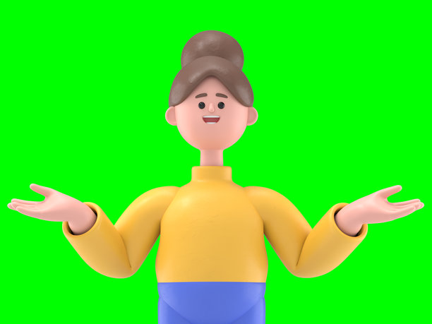 3D插图：亚洲女性安吉拉被问号包围。绿幕模型。3D渲染在绿幕上，用于视频素材和抠图。图片下载