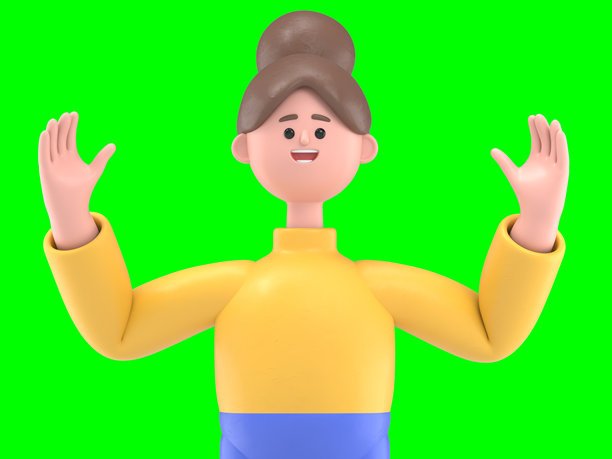 亚洲女性安吉拉庆祝成功的3D插图。绿幕模型。用于视频素材和抠图的3D渲染。图片下载