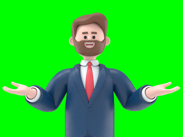 3D插图：有胡子的美国商人鲍勃被问号包围。绿幕模型。3D渲染在绿幕上用于视频素材和抠图。图片下载