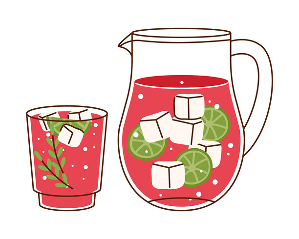 手绘矢量图标：冷藏大黄柠檬水，带有青柠片和冰块的玻璃杯与水壶图片下载