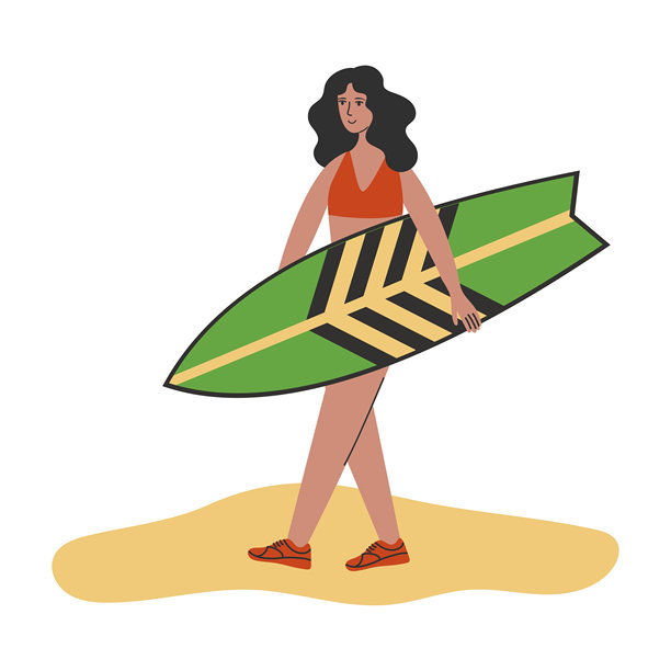 Young woman in swimsuit with surfboard. Vector of cartoon character of female surfer on vacation图片下载
