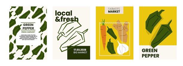 新鲜青椒插图。简单的海报，适合农贸市场广告的有机蔬菜。带有空白空间的矢量模板。以简约手绘和平面风格展示的收获沙拉蔬菜系列。图片下载
