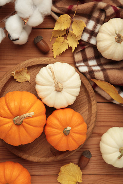 美丽的小南瓜与秋天的叶子在棕色背景上。竖版照片图片下载