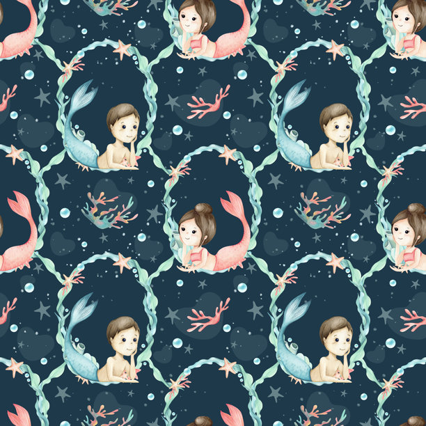 美人鱼女孩、男孩、海藻框架、花环无缝图案。海洋水彩儿童插画角色，孤立在深色背景上，心形阴影。适用于儿童装饰、包装、纺织品的模板。图片下载