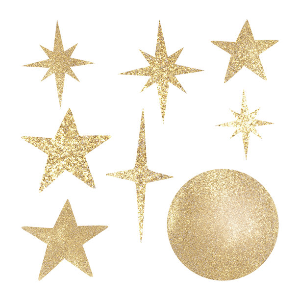 金色闪烁的星星和球。手绘插图集，包含用于装饰的闪烁元素，独立于白色背景。适用于圣诞节和新年贺卡、节日包装和设计。图片下载