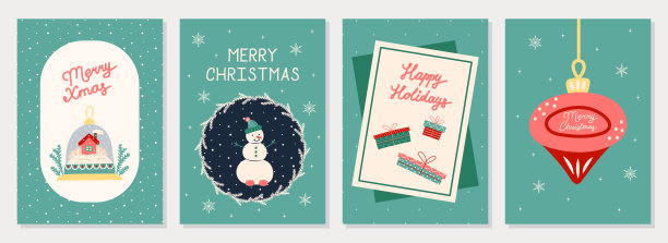 绿色背景圣诞贺卡合集：手绘圣诞新年贺卡矢量素材图片下载