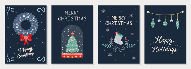 深色背景圣诞贺卡套装，手绘圣诞新年矢量素材图片下载