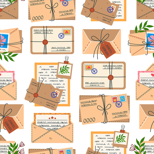 信件，无缝矢量图案。带明信片的信封，文件，浪漫的信件，纸条。书写的信息，邮件。带照片、花朵、蜡封和邮票的包裹。邮政背景。图片下载