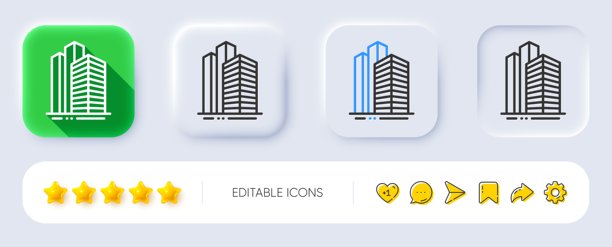 摩天大楼线条图标。城市建筑标志。城镇。拟物按钮。矢量图。图片下载