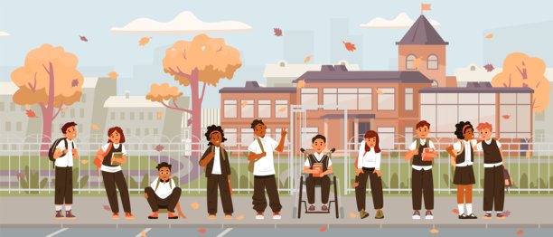 身穿校服、背着书包的多种族小学生在学校操场入口前站立。开学季平面矢量横幅。图片下载