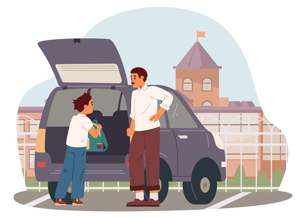 父亲在上班前开车送穿着校服、背着书包的小儿子去学校，或在学校接他，扁平化插图。男孩正在把书包放进打开的汽车后备箱。图片下载
