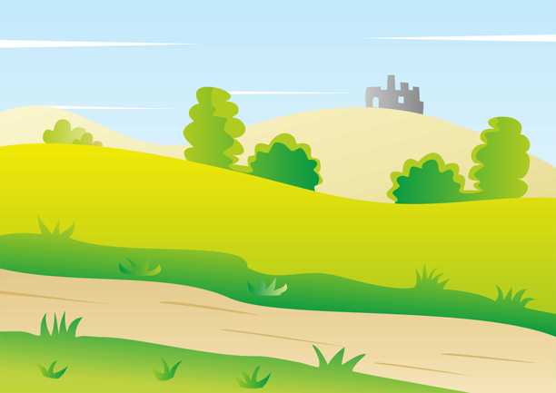 荒废的城堡在山上，乡村，田野和树木，矢量图片，eps。图片下载