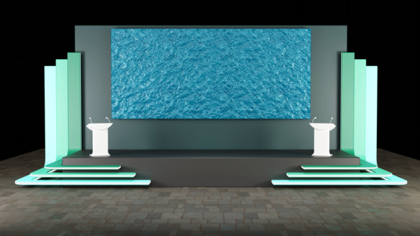 3D渲染的舞台和大空白屏幕背景与彩色楼梯和讲台的演讲和所有事件图片下载