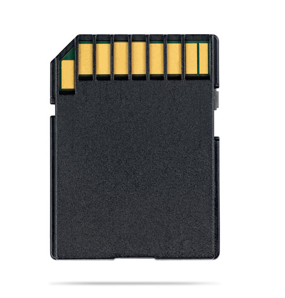 黑色SD存储卡的背面视图，孤立在白色背景上，包含路径。特写照片显示金色接触点和塑料外壳。用于相机和电子设备的数字存储设备。图片下载