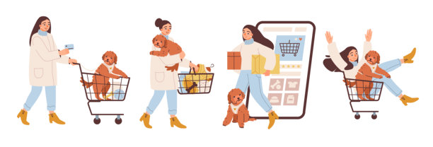 女人在商店里带着狗购物。与宠物一起的在线购物。宠物护理、零售活动，以及宠物与主人。扁平插图。图片下载