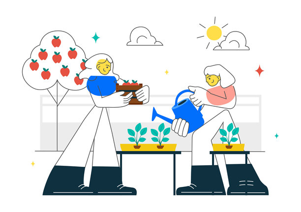 社区花园矢量插图，展示人们在城镇公共农场享受时光，同时照顾植物，体现环保理念。图片下载