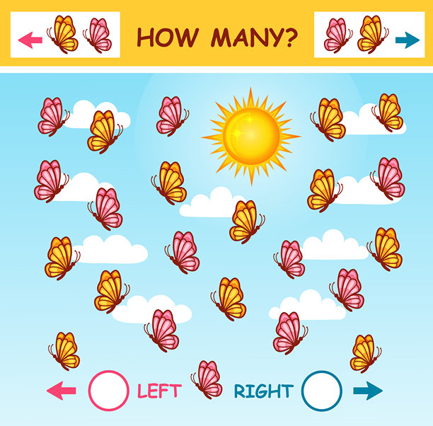 蝴蝶昆虫向左、向右飞行的数量，儿童数学教育益智游戏。数学计数蛾子、虫子、动物。孩子学习空间方向感。学前逻辑任务。矢量图。图片下载