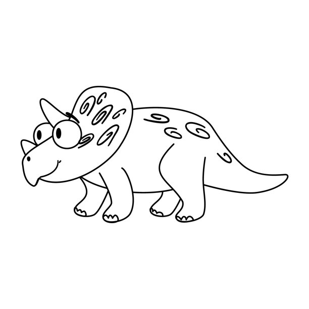 一只卡通风格的三角龙，圆润的身体，大大的眼睛，背上有装饰图案。恐龙面带微笑，四条腿站立。图片下载