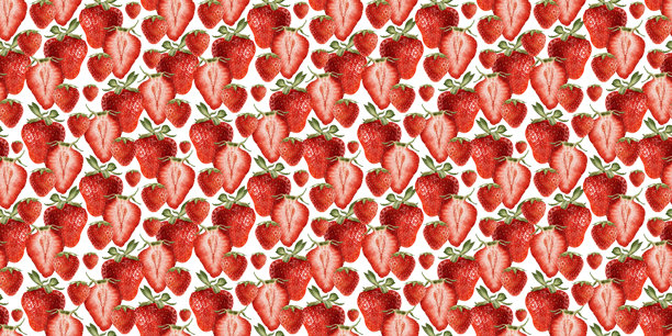 成熟的整颗红色浆果和草莓切半的背景。水彩夏季无缝图案设计。野生浆果的无尽印刷，适用于包装、化妆品、桌布壁纸和纺织品。图片下载